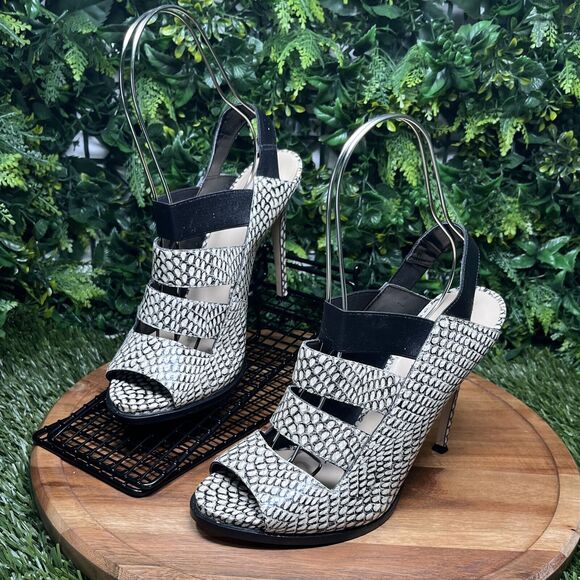 NINE WEST Heels‎ Women 9 Black White Snake Print Open Toe Sling back 2108 - Picture 2 of 13
